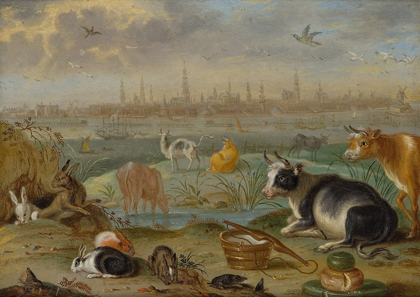 Ferdinand van Kessel | Ansichten aus den vier Weltteilen mit Szenen von Tieren: Amsterdam | Displayed motifs: Goat, White dove, Animal, Rabbit, Deer, 