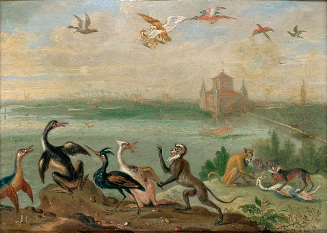 Ferdinand van Kessel | Ansichten aus den vier Weltteilen mit Szenen von Tieren: Boa Vista | Displayed motifs: Bird, White dove, Monkey, Duck, Angel, Cat, Putto, 