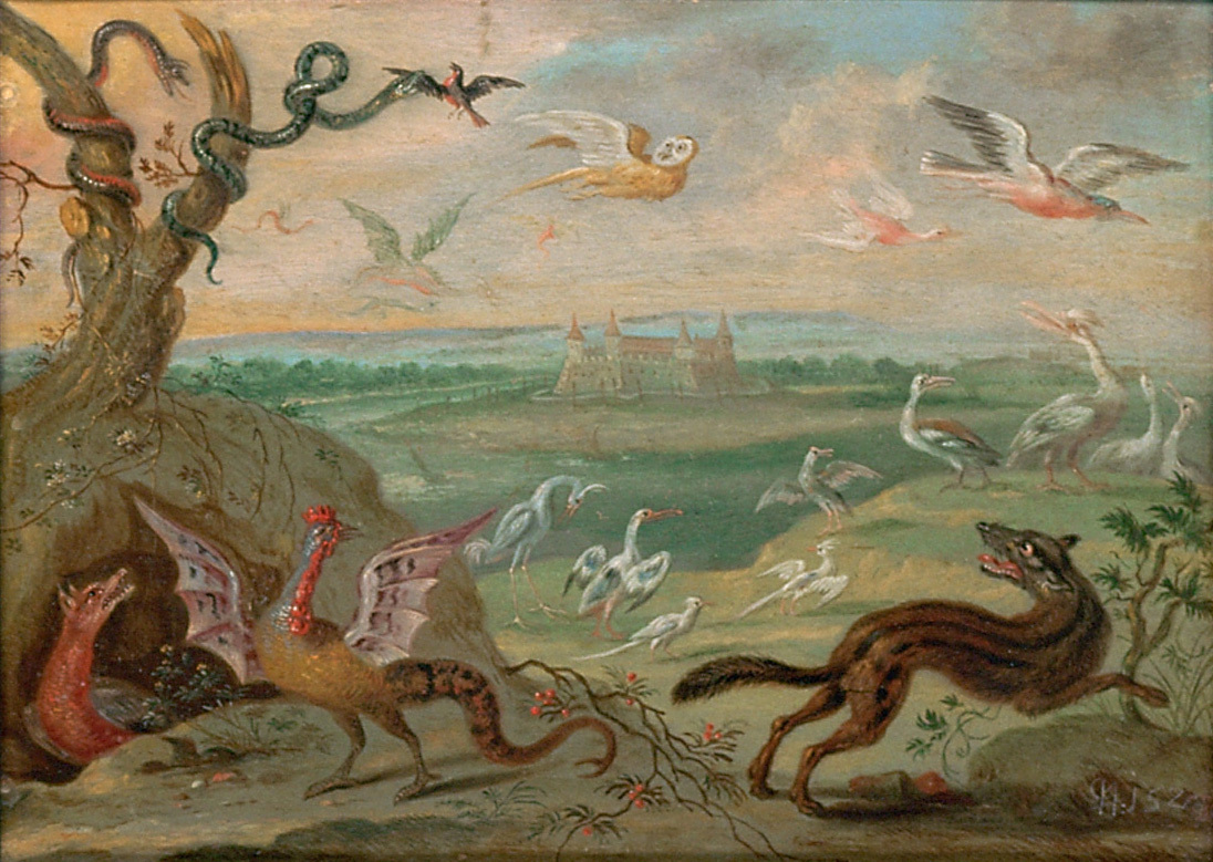 Ferdinand van Kessel | Ansichten aus den vier Weltteilen mit Szenen von Tieren: Salvador (Brasilien) | Displayed motifs: White dove, Bird, Carnivore, Animal, Goose, Angel, Duck, 