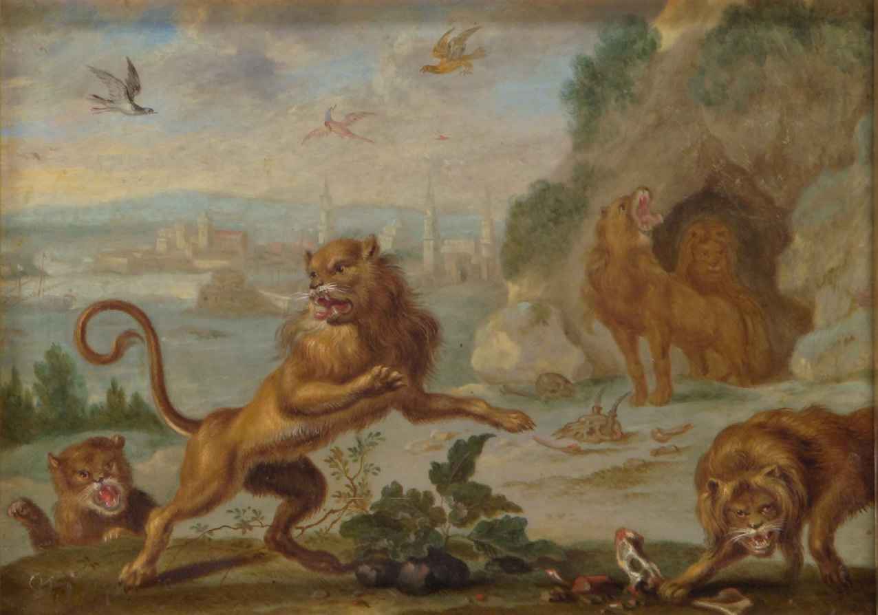 Ferdinand van Kessel | Ansichten aus den vier Weltteilen mit Szenen von Tieren: Tripolis | Displayed motifs: White dove, Dog, Carnivore, Monkey, Bird, Lion, Putto, 