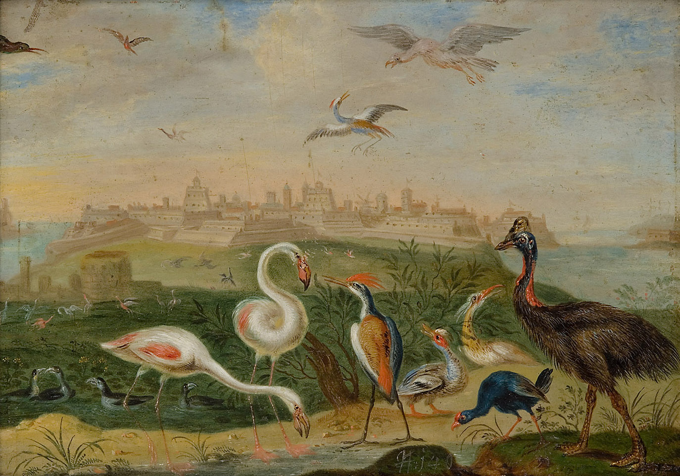 Ferdinand van Kessel | Ansichten aus den vier Weltteilen mit Szenen von Tieren: Malta | Displayed motifs: White dove, Ostrich, Bird, Wound, Duck, 