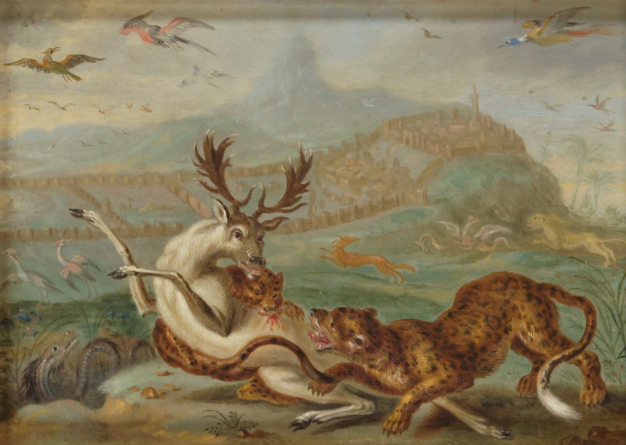 Ferdinand van Kessel | Ansichten aus den vier Weltteilen mit Szenen von Tieren: Derbent (Dagestan) | Displayed motifs: White dove, Bird, Deer, Animal, Carnivore, Angel, 