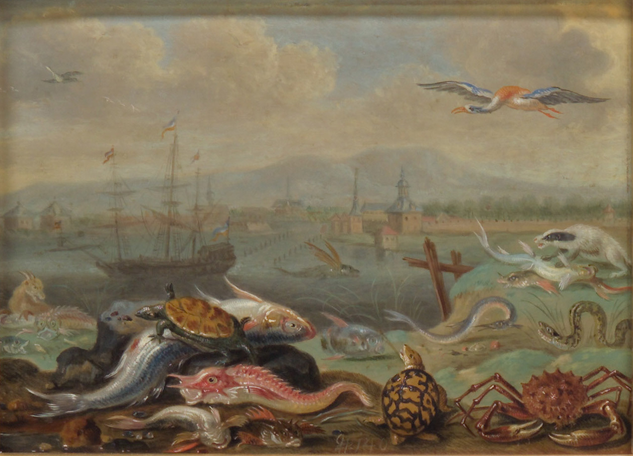 Ferdinand van Kessel | Ansichten aus den vier Weltteilen mit Szenen von Tieren: Alexandria | Displayed motifs: White dove, Bird, Latin cross, Crab, Animal, Tortoise, Boat, 