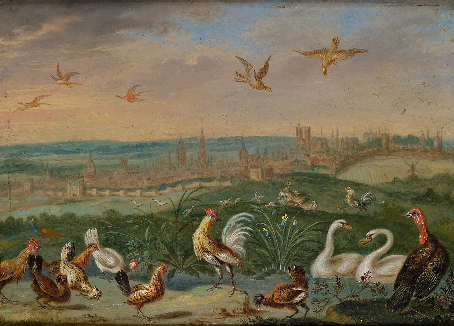 Ferdinand van Kessel | Ansichten aus den vier Weltteilen mit Szenen von Tieren: Brüssel | Displayed motifs: Chicken, White dove, Bird, Swan, Turkey, Goose, Duck, 