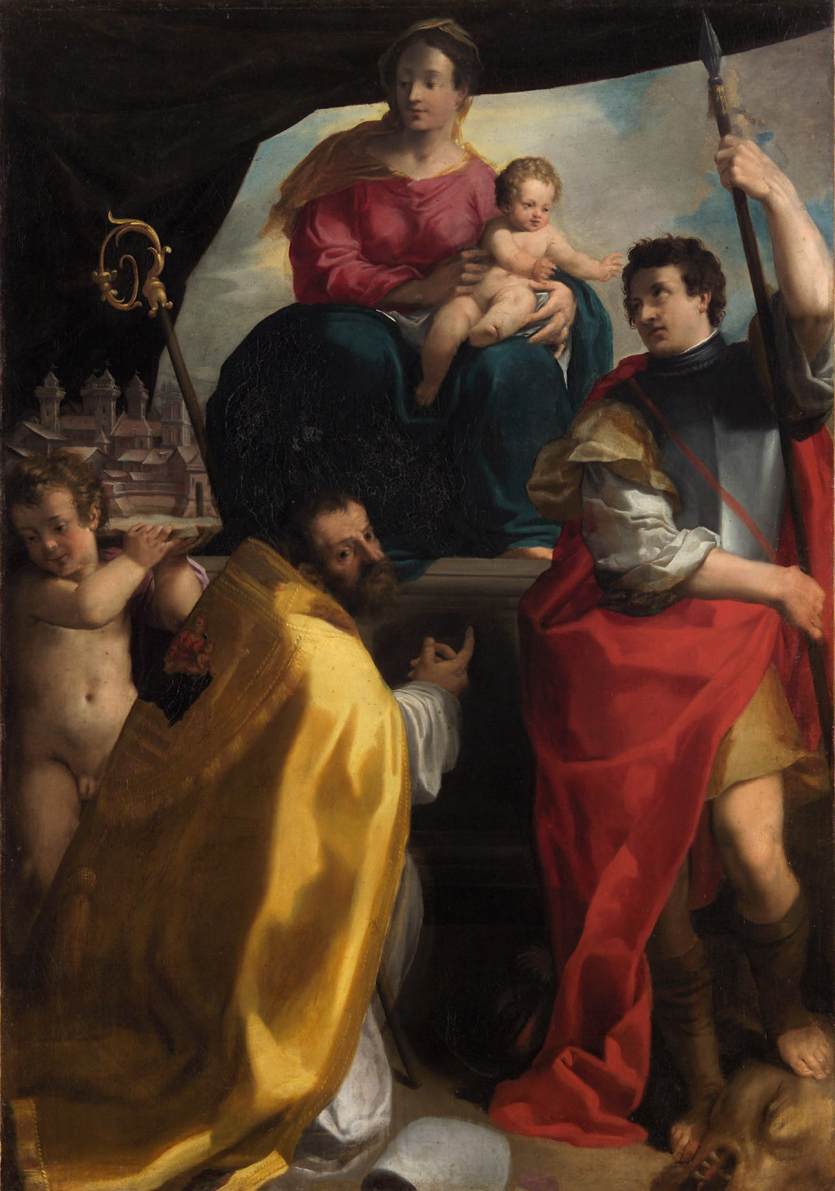 Carlo Bonone | The Madonna and Child with Saints Maurelius and George | Displayed motifs: Madonna, Putto, Human face, Boy, Man, Clothing, Latin cross, 