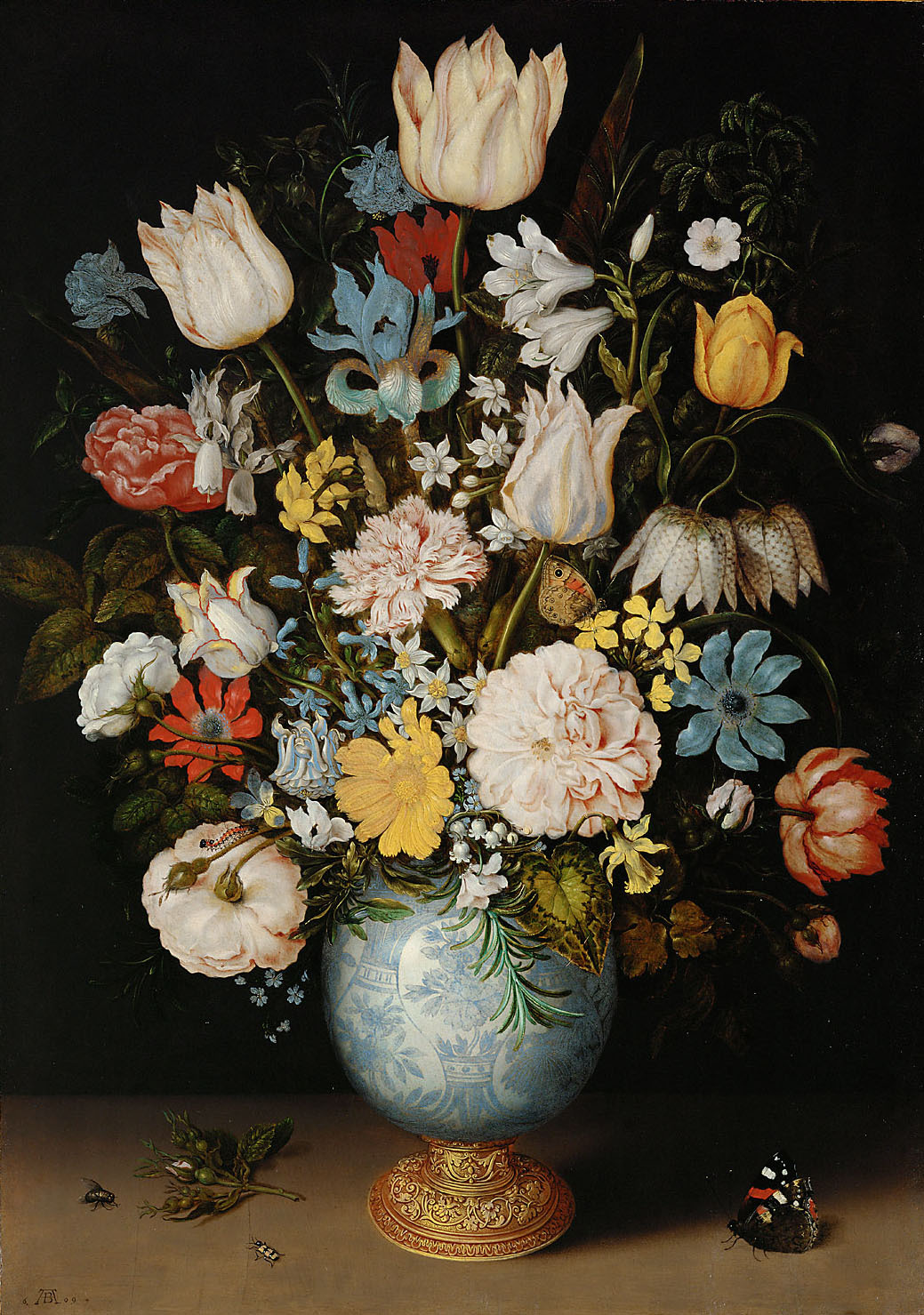 Ambrosius Bosschaert d. Ä. | Blumenstrauß | Displayed motifs: Vase, Rose, Flower, Coat of arms, White dove, Plant, 