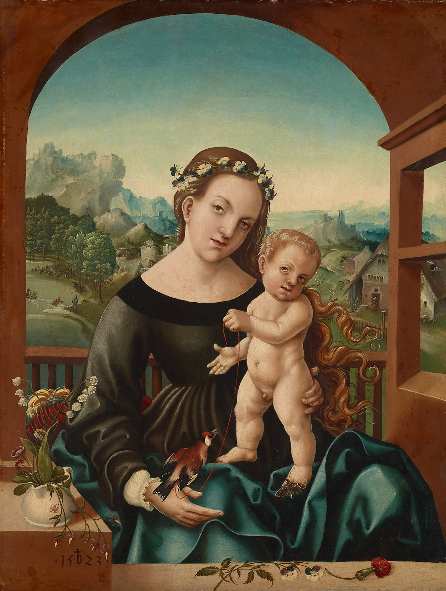 Jörg Breu d. Ä. | Mary with Child and Goldfinch 1523 | Displayed motifs: Madonna, Human face, Boy, Clothing, Woman, Fashion accessory, 