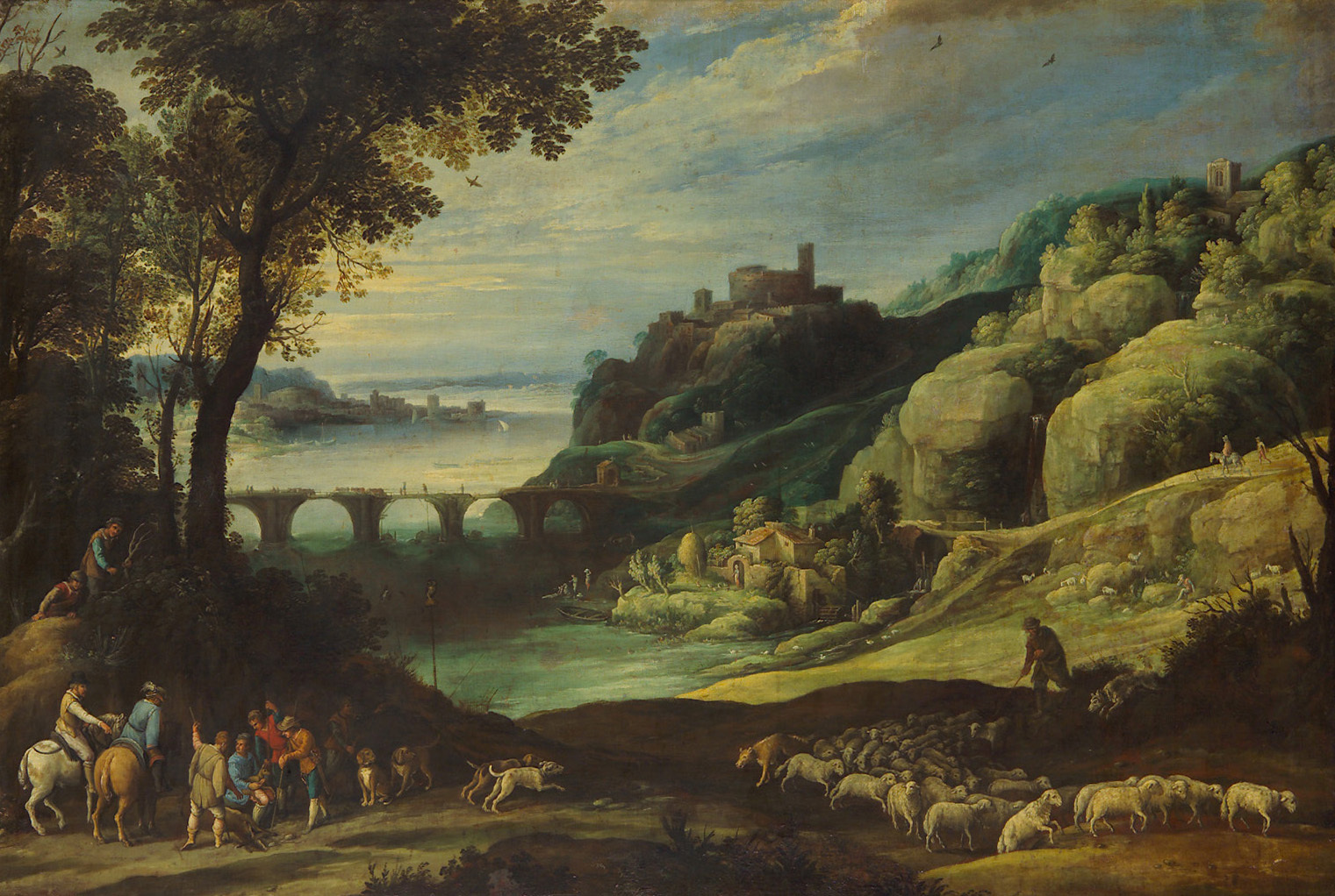 Paul Bril | Landschaft mit Brücke | Displayed motifs: Tree, Person, Mammal, Horse, 