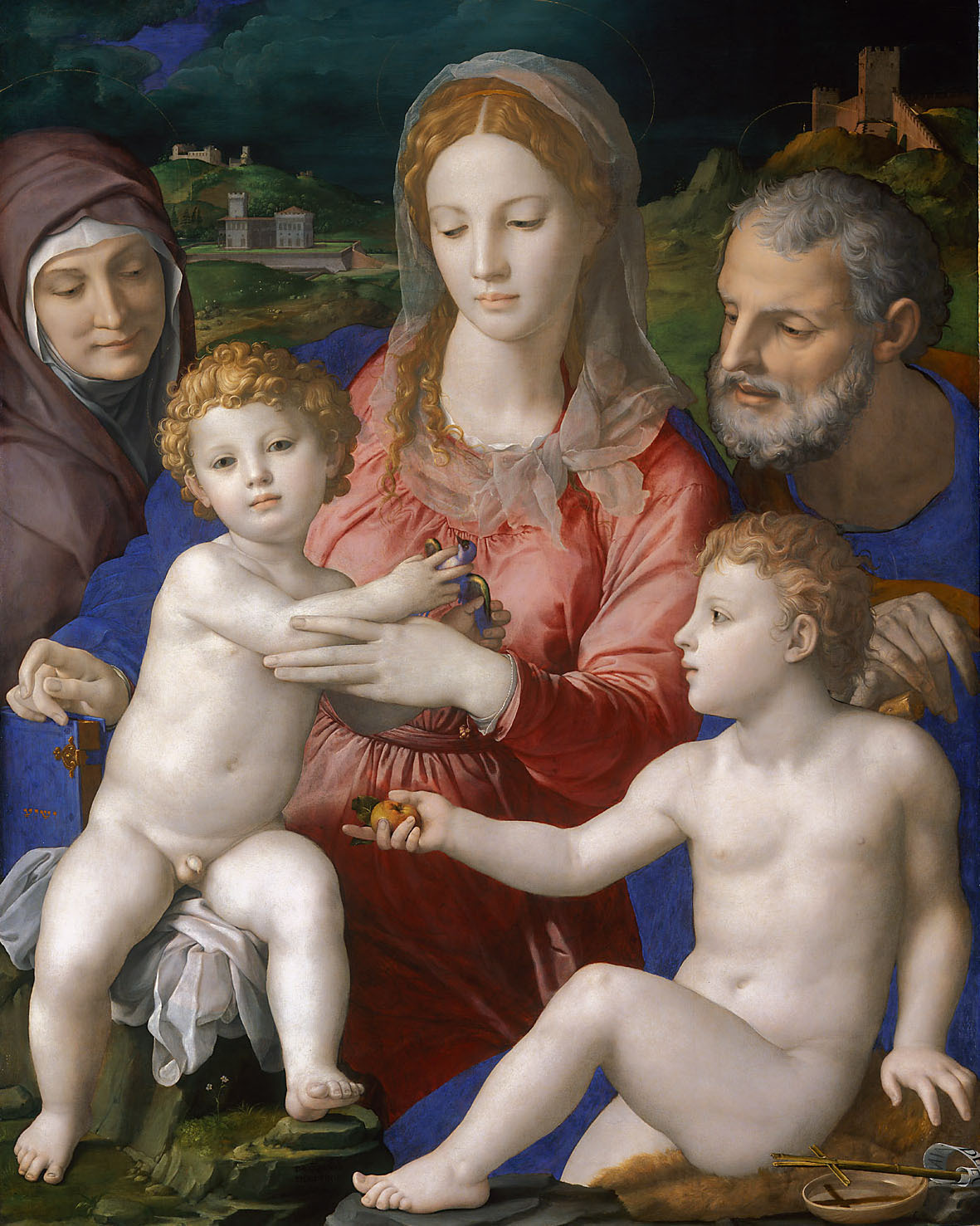 Agnolo di Cosimo | The Holy Family with St. Anna and the Boy John | Displayed motifs: Halo, Human face, Veil, Boy, Madonna, Man, Girl, 