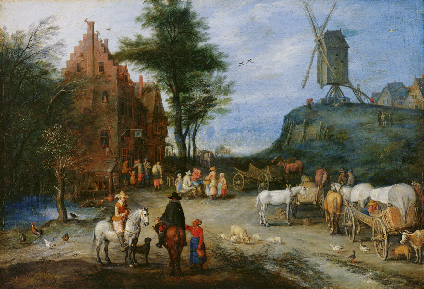 Jan Brueghel d. Ä. | Dorfstraße | Displayed motifs: Person, Cart, Horse, Tree, Cattle, Building, Halo, 