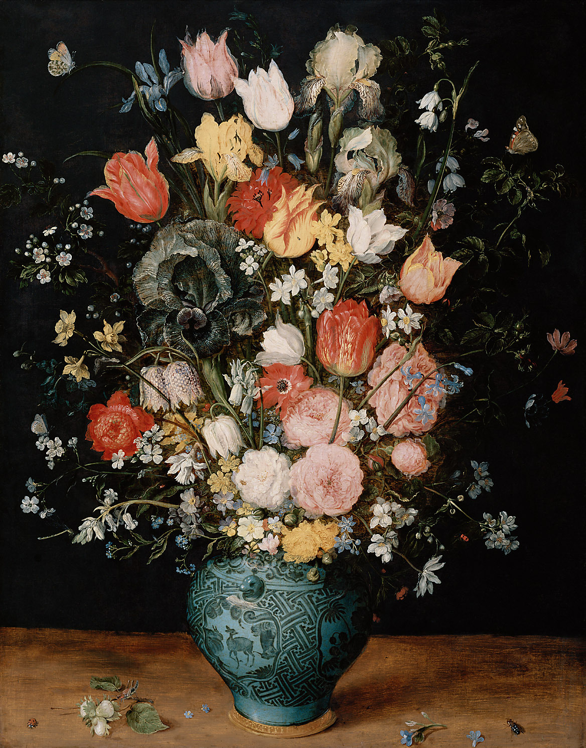 Jan Brueghel d. Ä. | Bouquet of Flowers in a Blue Vase | Displayed motifs: Coat of arms, Flower, Houseplant, Flowerpot, Rose, Vase, 