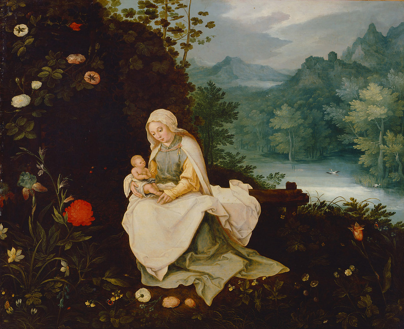 Jan Brueghel d. J. | Maria mit Kind in einer Landschaft | Displayed motifs: Madonna, Woman, Flower, Tree, Person, Veil, Human face, 