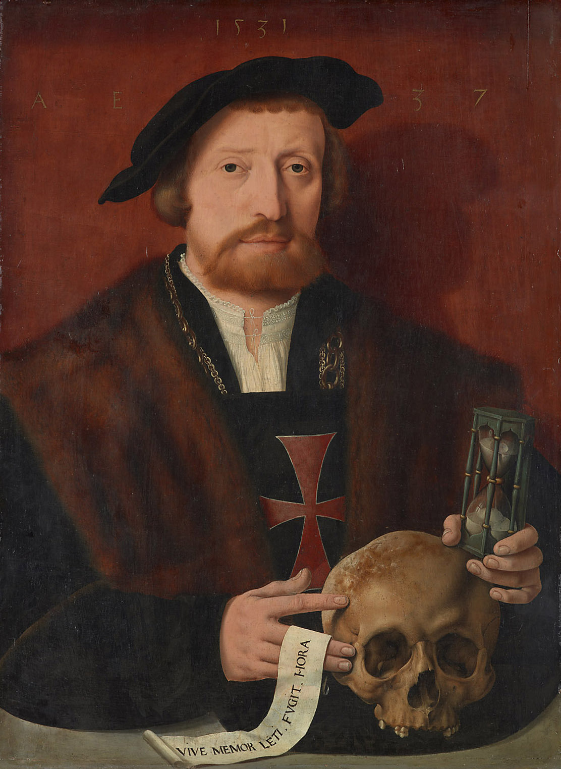 Bartholomäus Bruyn d. Ä. | Portrait of a Knight of an Order | Displayed motifs: Skull, Human face, Man, Clothing, Hat, Coat of arms, Halo, 