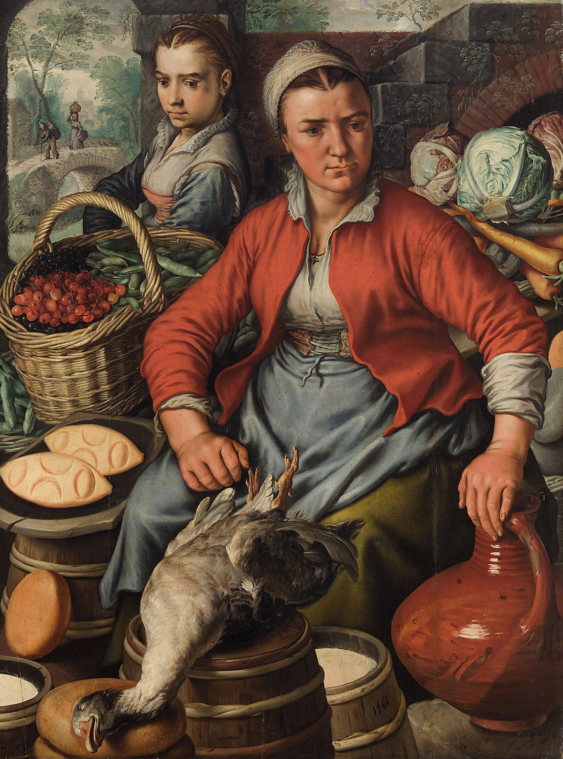 Joachim Beuckelaer | Market Woman | Displayed motifs: Madonna, Human face, Clothing, Woman, Barrel, Person, Tree, 