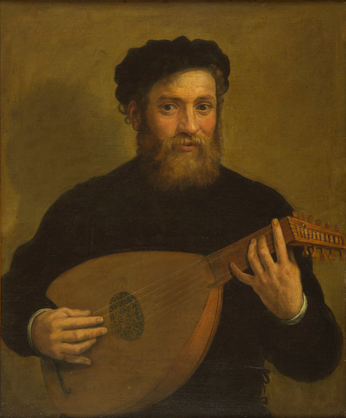 Antonio Carracci | Lautenspieler | Displayed motifs: Man, Human face, Guitar, Clothing, Thorn crown, Human beard, Latin cross, 