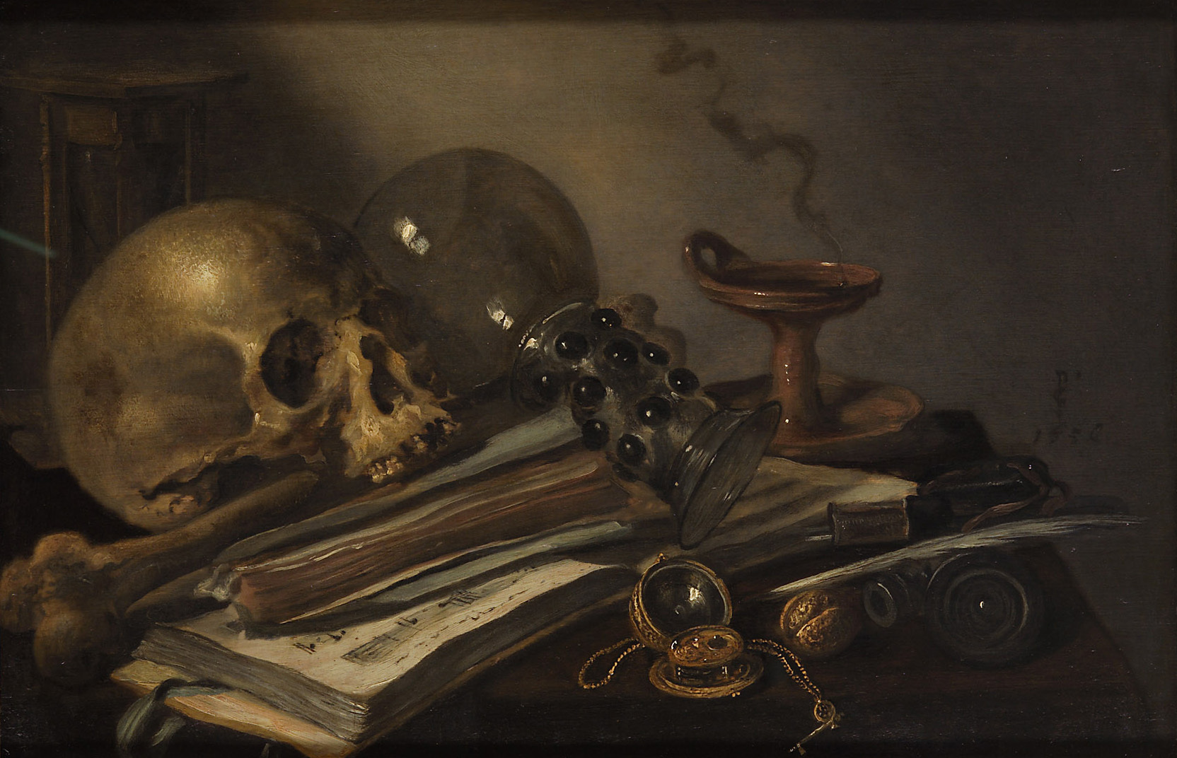 Pieter Claesz | Vanitas-Stilleben | Displayed motifs: Skull, Wheel, Coin, 