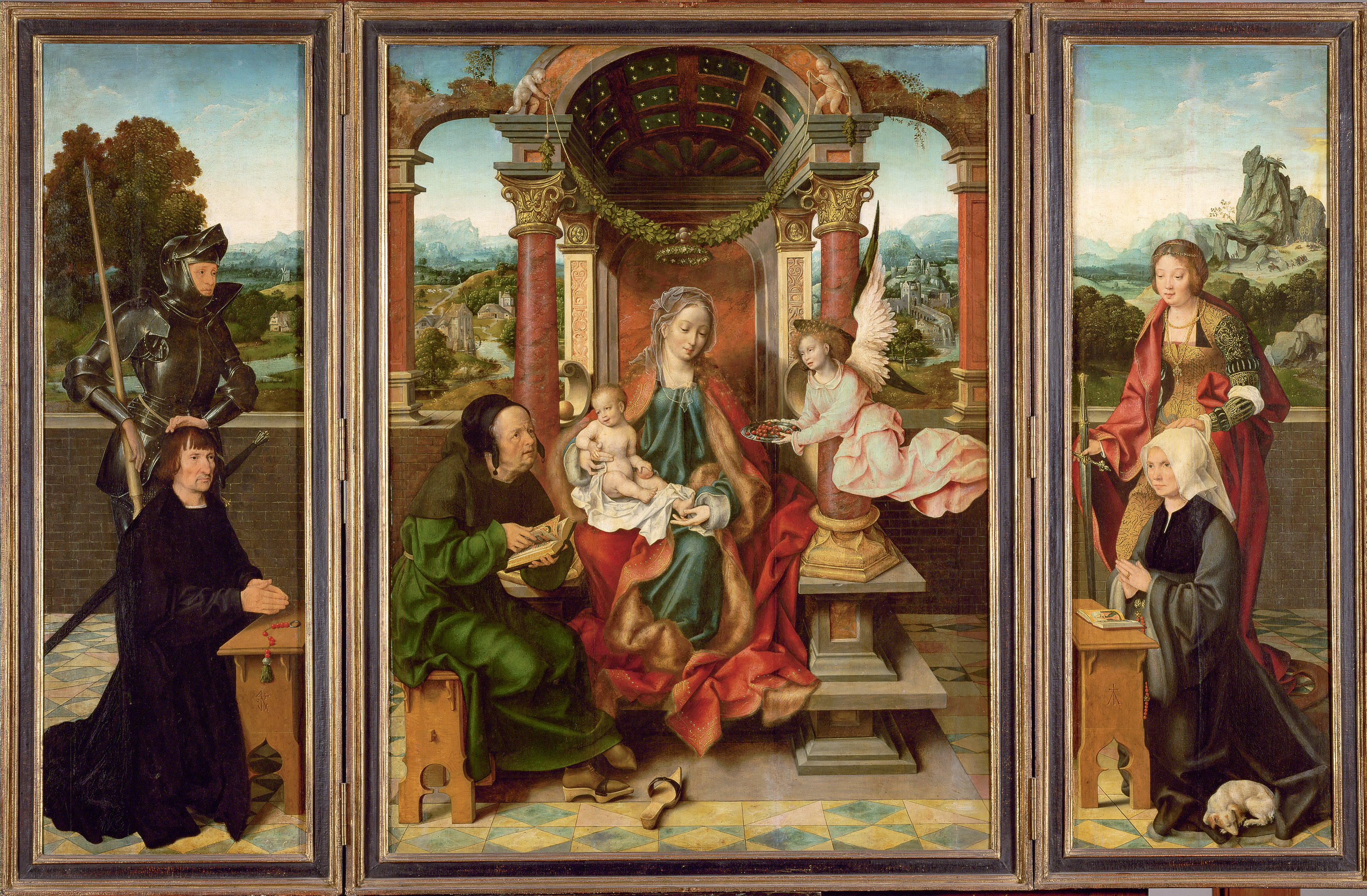 Joos van Cleve | Winged Altarpiece | Displayed motifs: Angel, Veil, Madonna, Clothing, Woman, Person, Tree, 