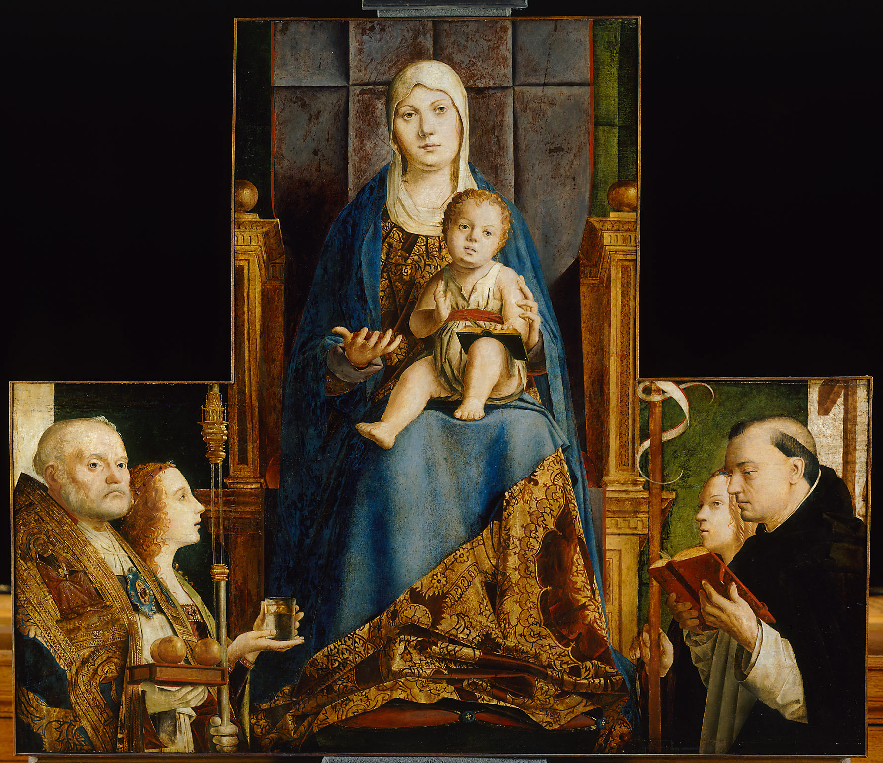 Antonello da Messina | Hl. Nikolaus von Bari mit Chorknaben | Displayed motifs: Madonna, Human face, Woman, Man, Person, Clothing, 