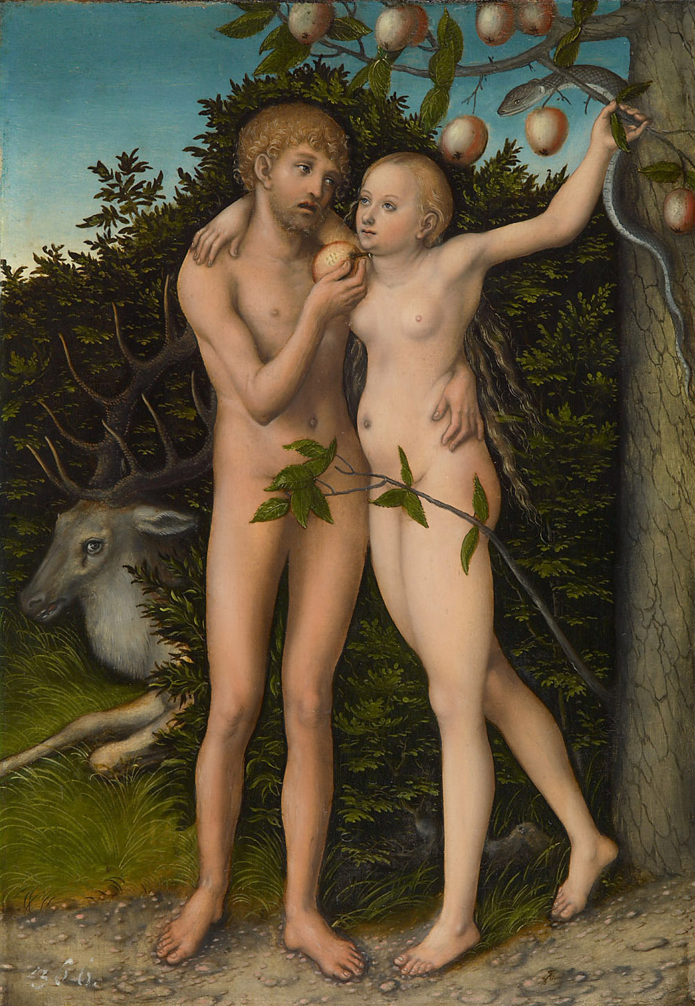 Lucas Cranach d. Ä. | Sündenfall | Displayed motifs: Deer, Human face, Putto, Man, Woman, Angel, Tree, 