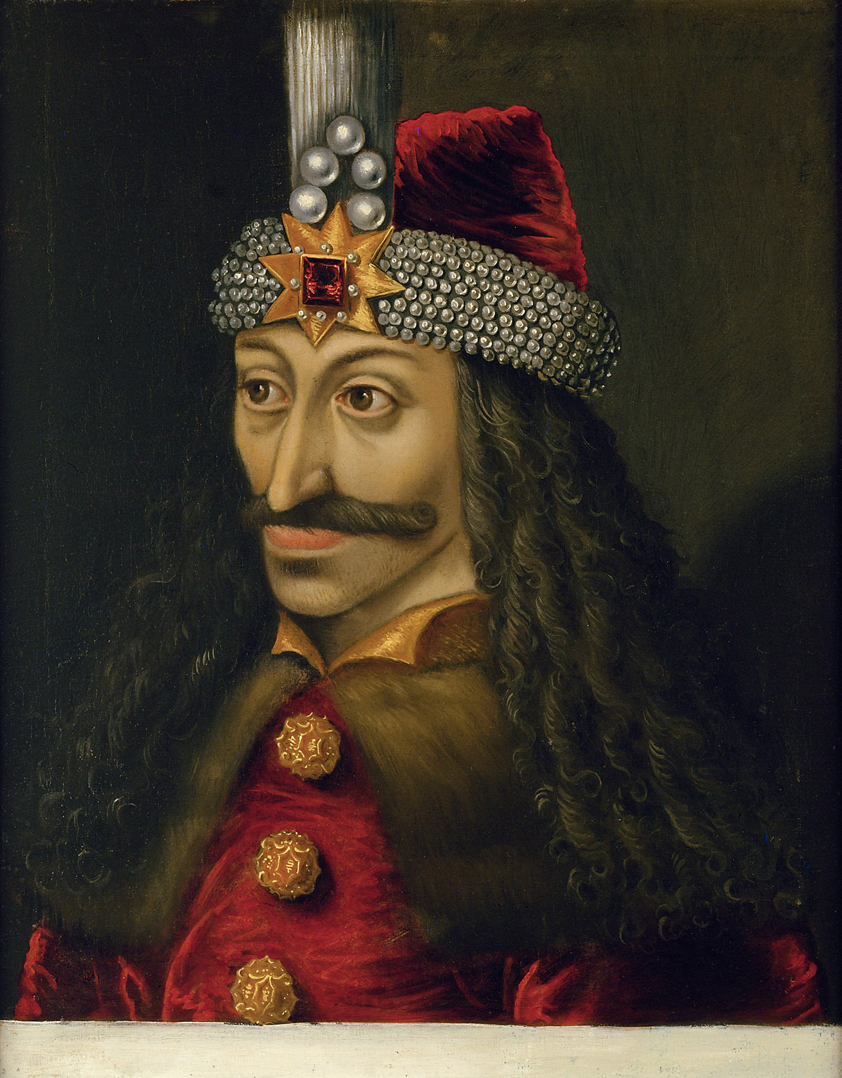 Deutsch | Vlad III. Tzepesch, der Pfähler, Woywode der Walachei 1456-1462 und 1476 (gestorben 1477) | Displayed motifs: Human face, Clothing, Woman, Crown, Coat of arms, Fashion accessory, Miter, 