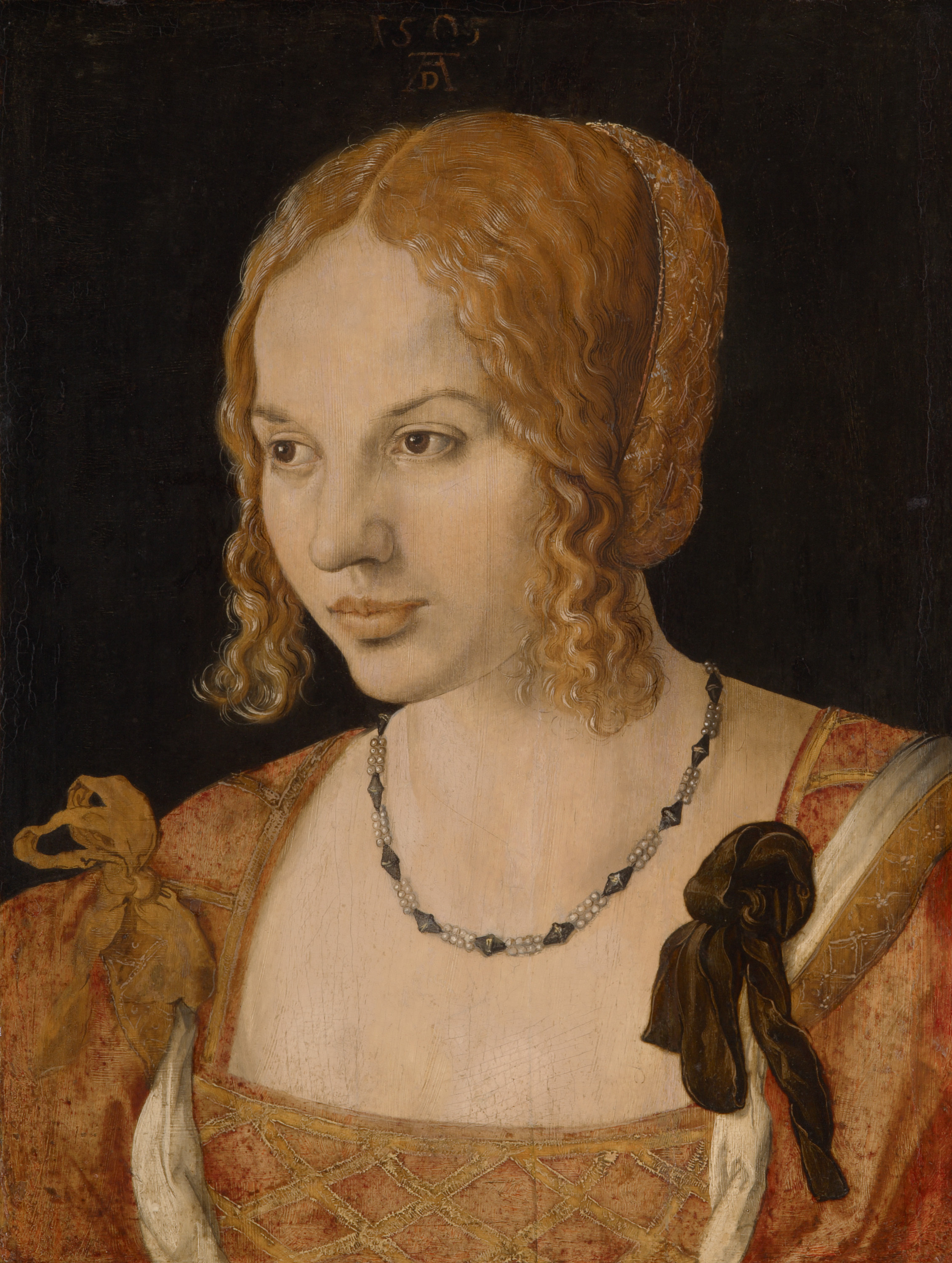 Albrecht Dürer | Portrait of a Venetian Lady | Displayed motifs: Human face, Woman, Necklace, Clothing, Person, Halo, Madonna, 