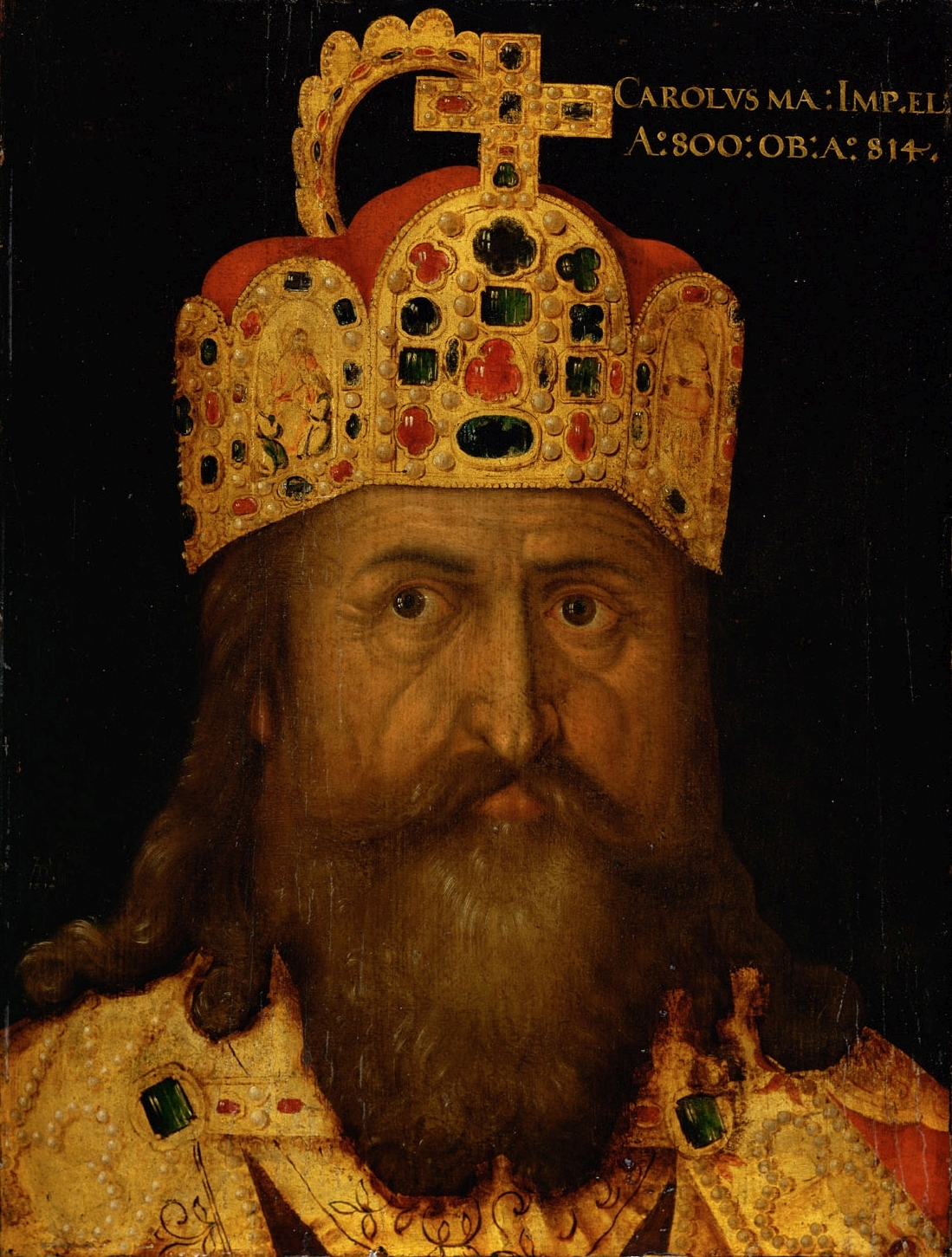 Anonym | Kaiser Karl der Große (747-814), Brustbild | Displayed motifs: Crown, Miter, Human face, Coat of arms, Person, Halo, Human beard, 