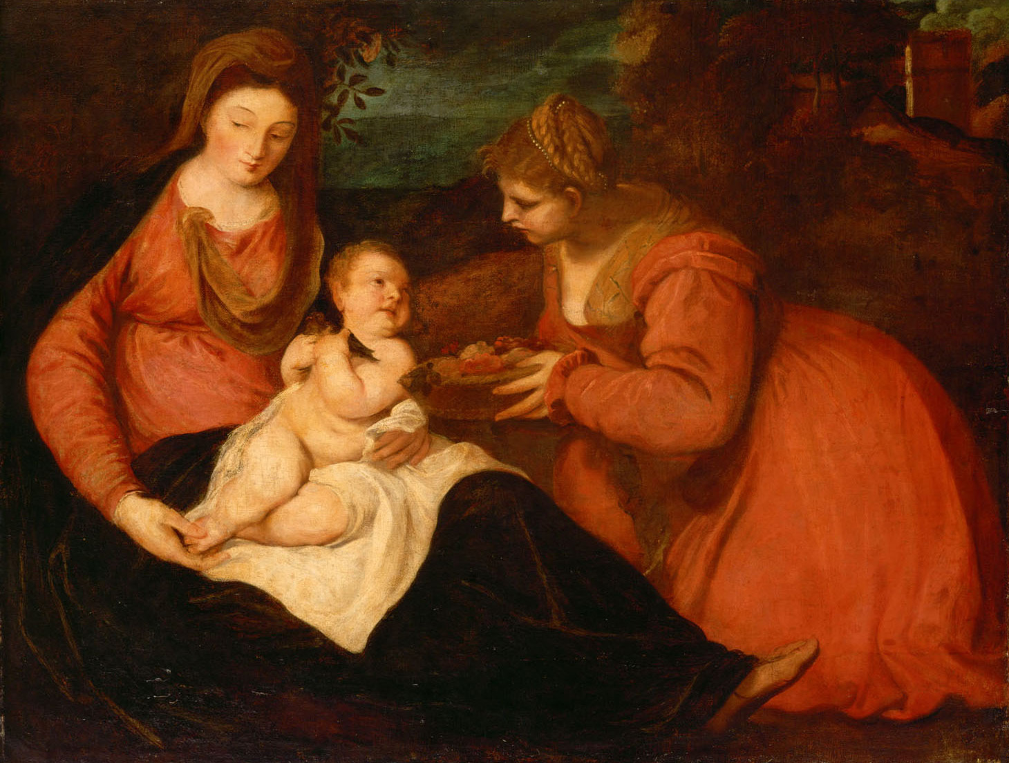 Anthonis van Dyck | Maria mit Kind und Hl. Dorothea | Displayed motifs: Madonna, Human face, Woman, Clothing, Person, Man, 