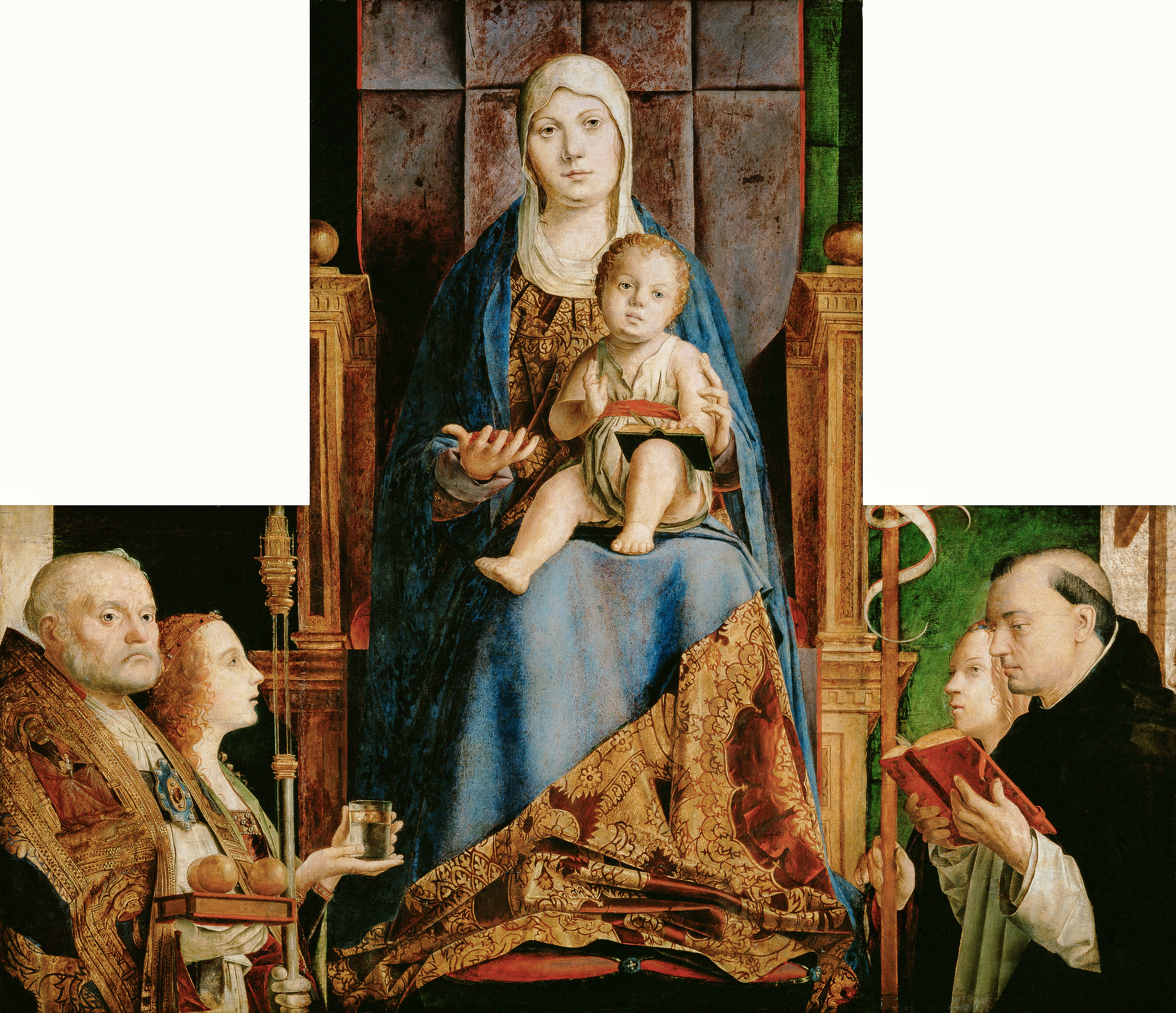 Antonello da Messina | Maria mit Kind und den Hll. Nikolaus von Bari, Anastasia (?), Ursula, Dominikus und (vom Rahmen überschnitten) Helena | Displayed motifs: Madonna, Human face, Woman, Man, Clothing, Person, 