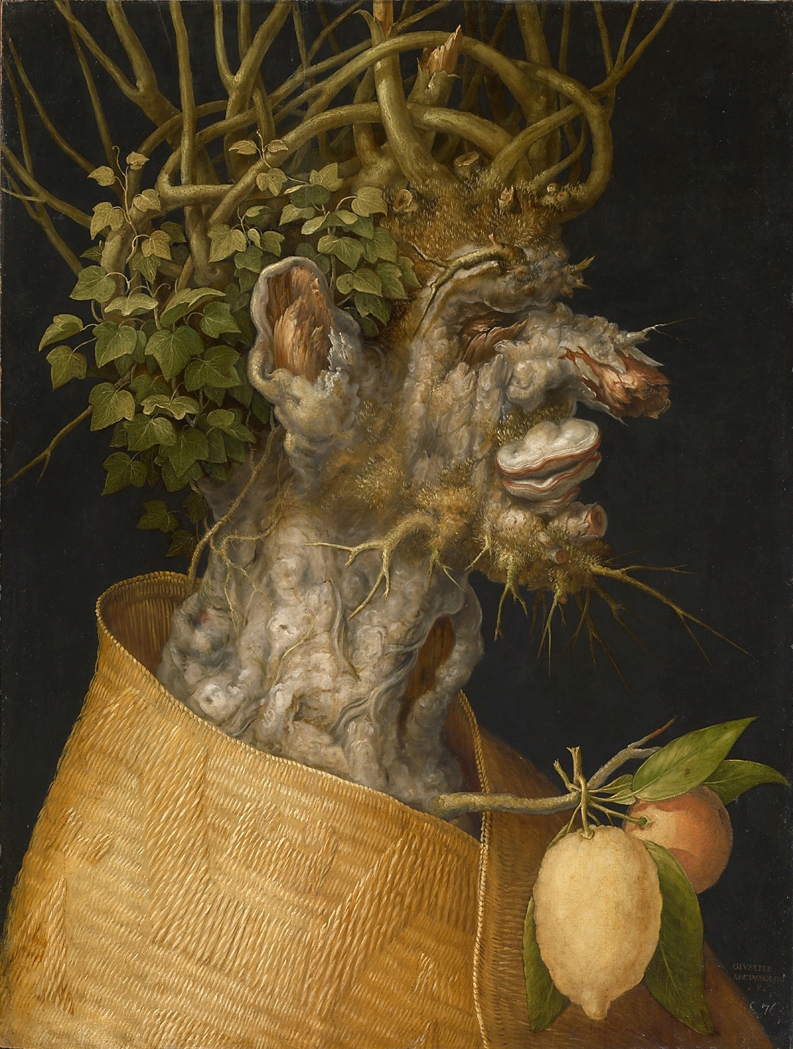 Giuseppe Arcimboldo | Winter | Displayed motifs: Pear, Apple, Putto, Person, Clothing, Coat of arms, Tree, 