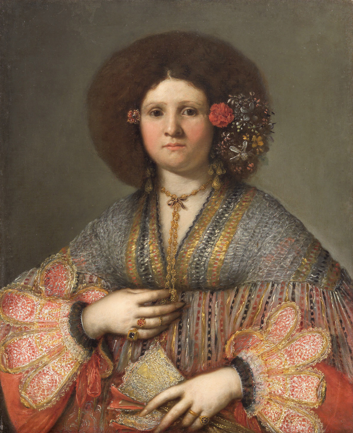 Gerolamo Forabosco | Bildnis einer Venezianerin | Displayed motifs: Human face, Woman, Halo, Flower, Clothing, Person, Fashion accessory, 