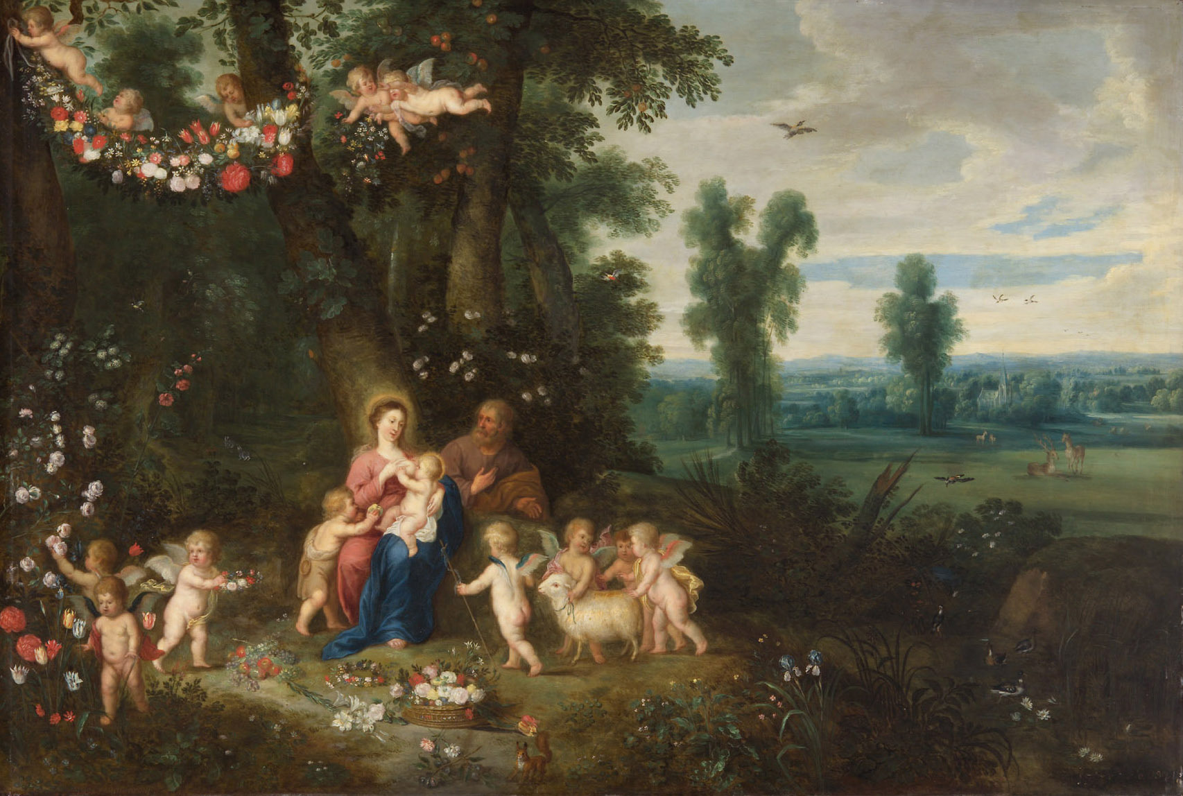 Peeter van Avont | Heilige Familie mit Johannesknaben und Engeln | Displayed motifs: Putto, Tree, Madonna, Halo, Woman, Pig, Clothing, 