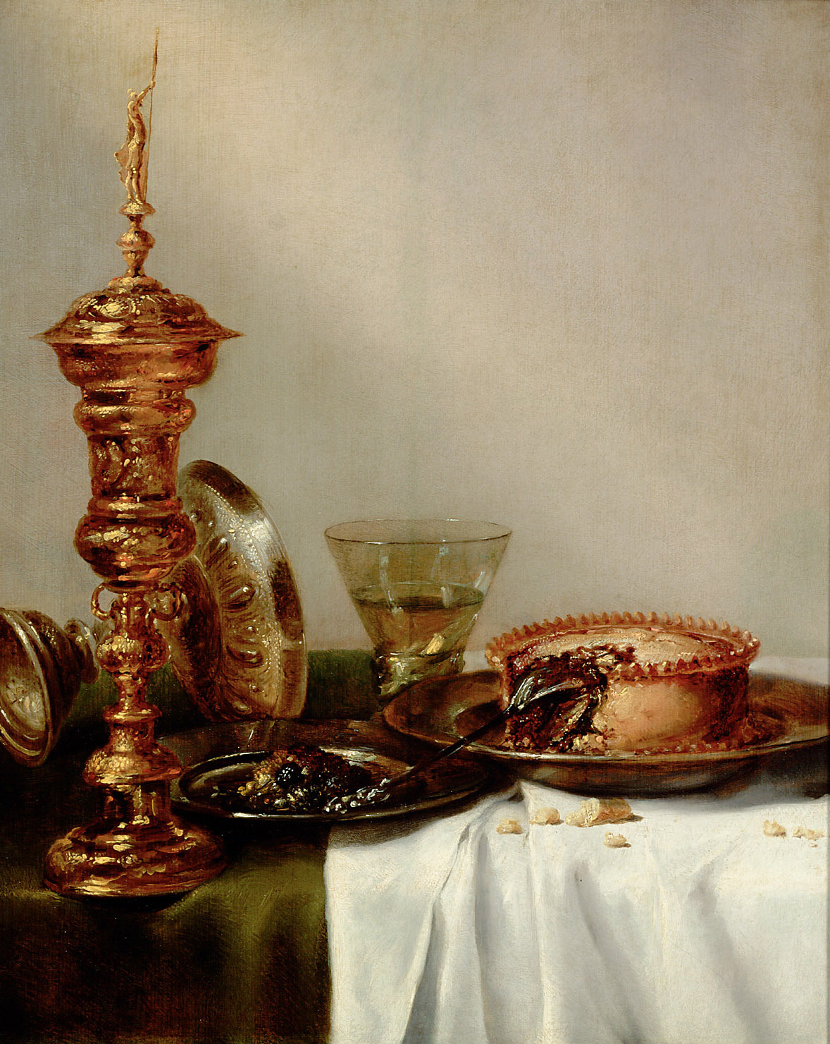 Willem Claesz Heda | Breakfast Still Life with a Covered Goblet | Displayed motifs: Lamp, Food, Dessert, Table, Drink, Crucifixion, 