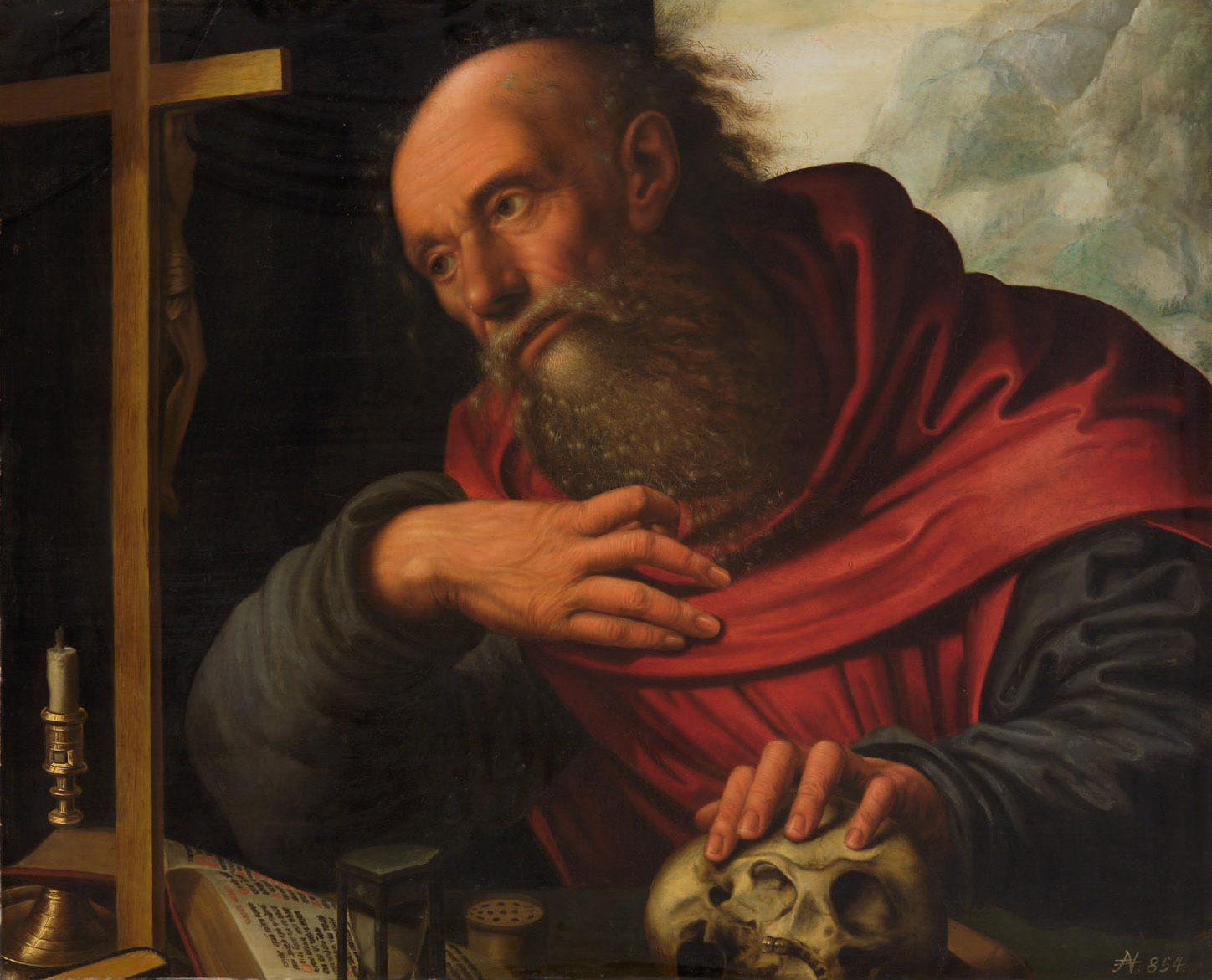 Jan Sanders van Hemessen | Hl. Hieronymus | Displayed motifs: Human face, Crucifixion, Man, Clothing, Skull, Person, Human head, 