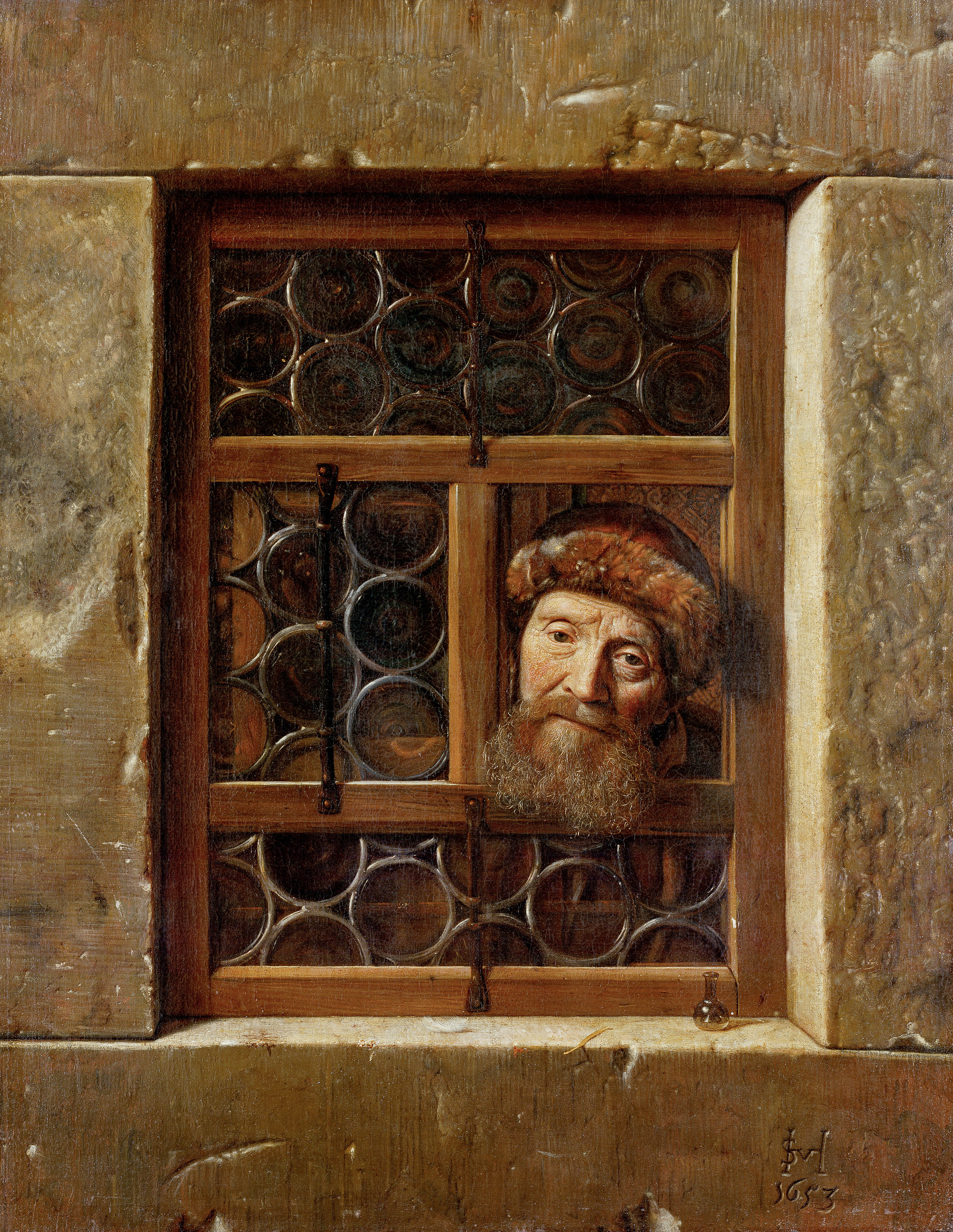 Samuel van Hoogstraten | Old Man at the Window | Displayed motifs: Human face, Person, Shelf, 