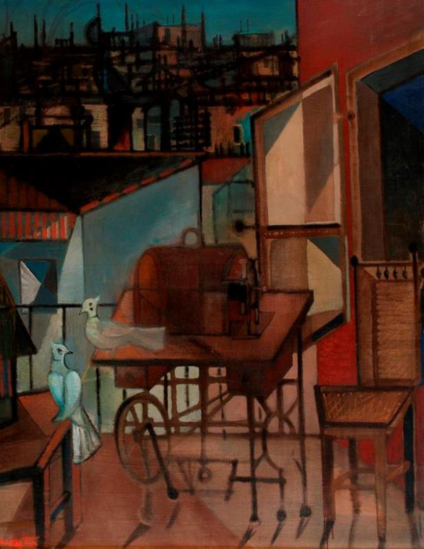 Bohumír Matal | Pavlač s klecí, šicím strojem a holubičkami | Displayed motifs: Table, Wheel, Furniture, Chair, Window, 