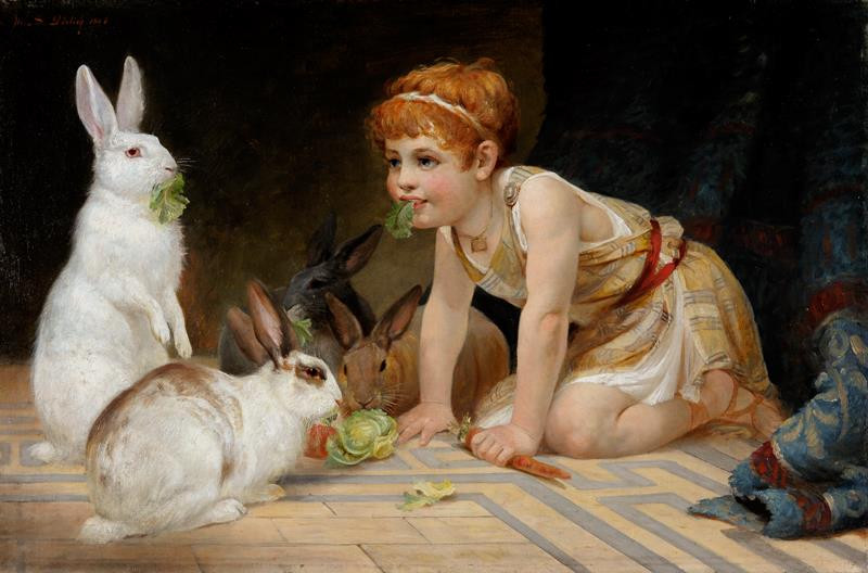 Marie Görlichová | Dítě s králíčky | Displayed motifs: Rabbit, Clothing, Human face, Halo, Girl, Woman, Madonna, 