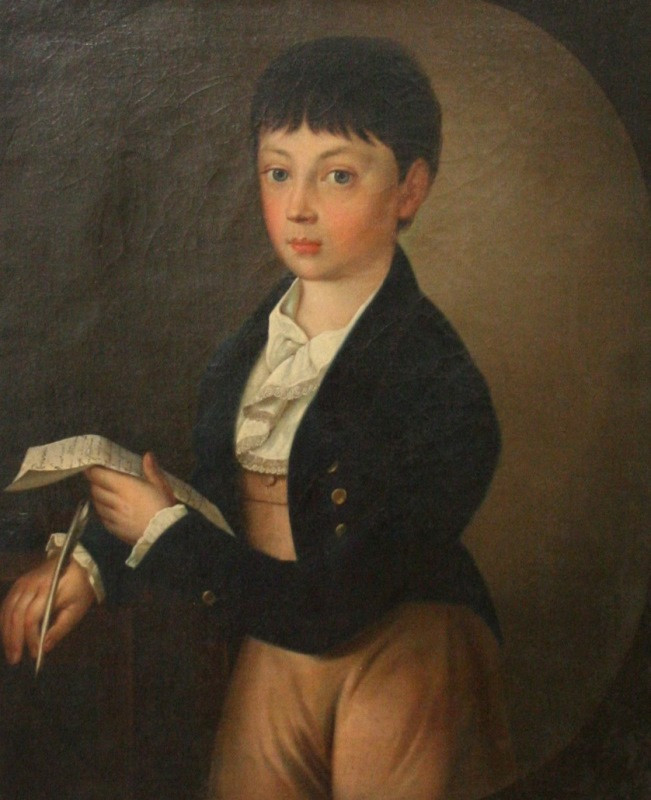 Jan Ondřej Gebhardt | Podobizna hocha | Displayed motifs: Human face, Boy, Clothing, Latin cross, Human hand, 