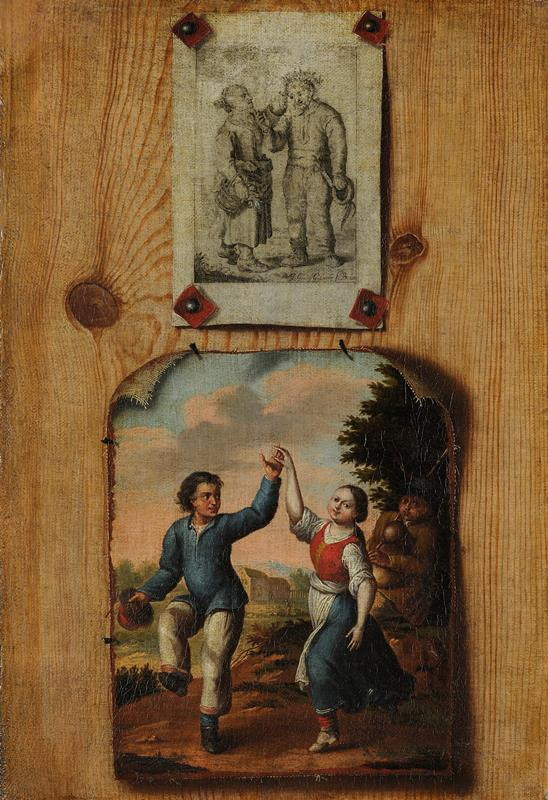 Johann Georg Gutwein | Quodlibet: Tanec | Displayed motifs: Angel, Clothing, Footwear, Woman, Person, Halo, Man, 