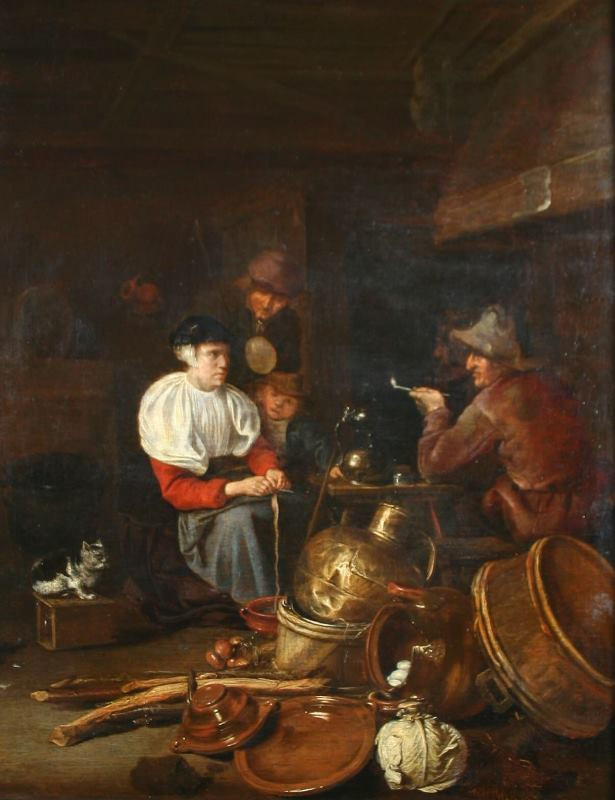neznámý malíř holandský | Kuchyňská scéna | Displayed motifs: Man, Person, Coat of arms, Drum, Human face, Putto, Clothing, 