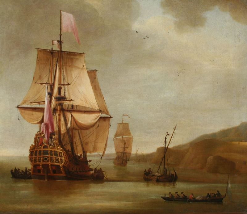 Jan van de Cappelle | Lodě na klidném moři | Displayed motifs: Boat, Latin cross, 
