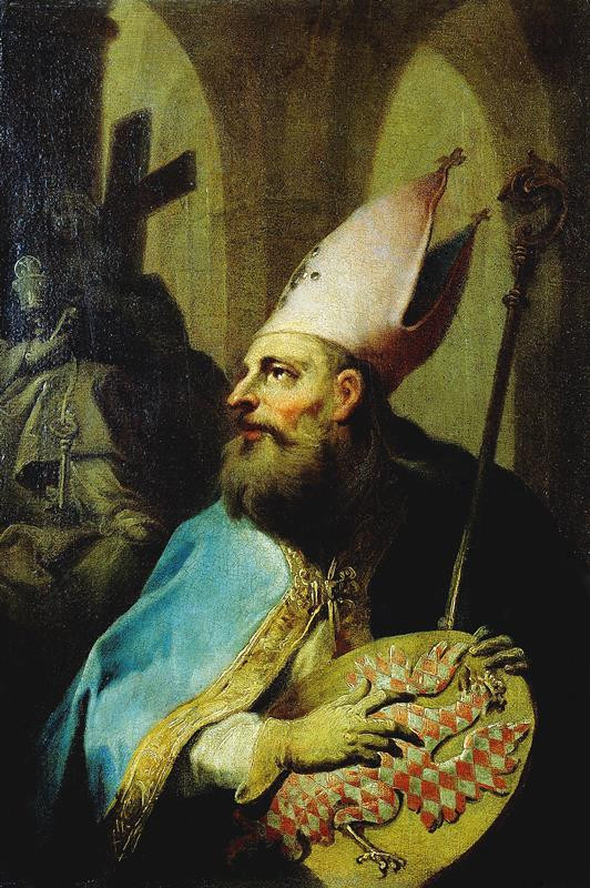 František Vavřinec Korompay | Sv. Cyril | Displayed motifs: Miter, Coat of arms, Human face, Man, Clothing, Latin cross, Person, 