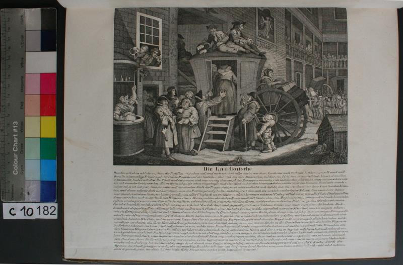 neznámý | Die Landkutsche. in William Hogarths sämtliche Werke | Displayed motifs: Wheel, Person, Angel, Clothing, 