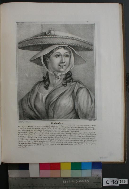 E. L. Blau | Krebschen. in William Hogarths sämtliche Werke | Displayed motifs: Human face, Halo, Clothing, Woman, Sun hat, Hat, Person, 