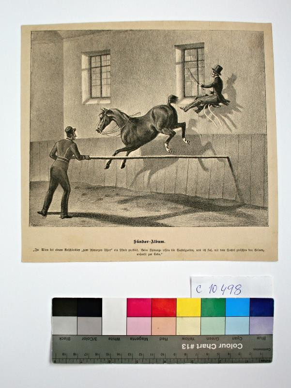 Johann Erdmann Gottlieb Prestel ml. | In Wien bei einem Roshändler "zum schwarzen Thor" ein Pferd probirt. ... In Sandor Album | Displayed motifs: Horse, Man, Angel, Person, Box, 