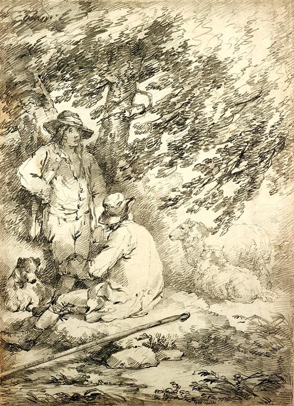 George Morland | Pastevci ovcí | Displayed motifs: Lion, Clothing, Man, Person, Human face, Halo, Sheep, 