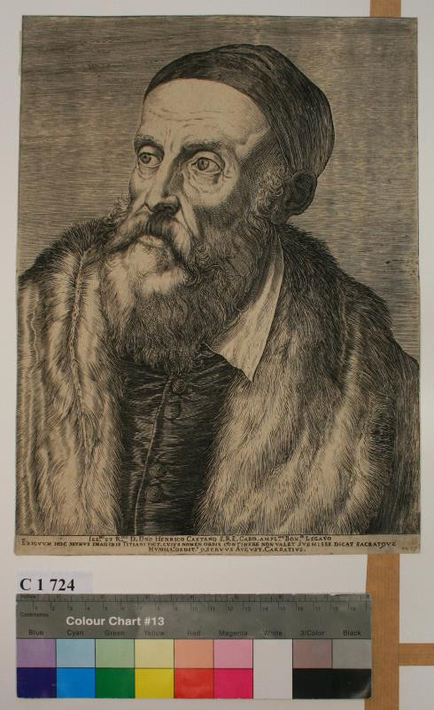Agostino Carracci | Podobizna Tizianova | Displayed motifs: Human face, Man, Clothing, Coat of arms, Human beard, 