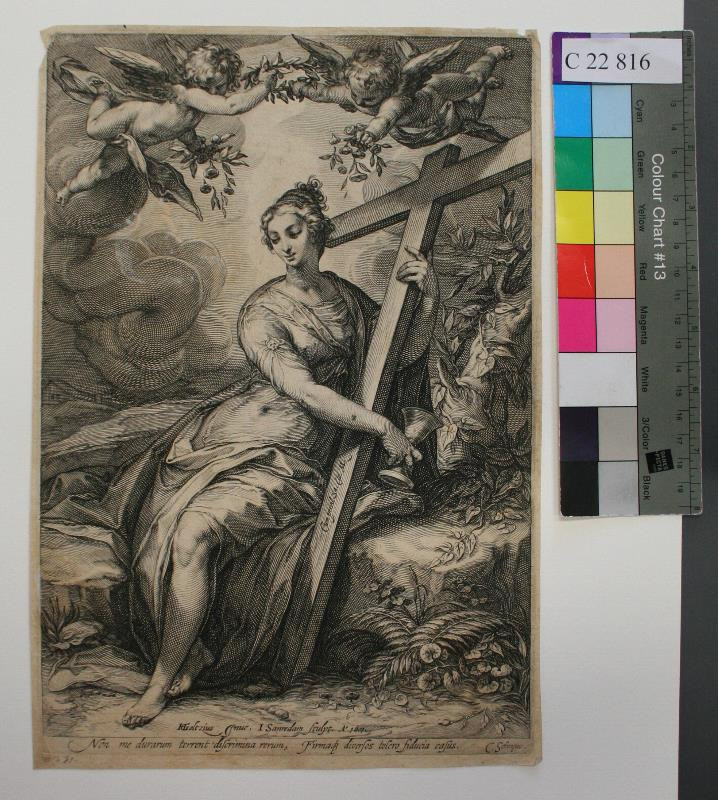 Johann (Jan) Saenredam | Víra | Displayed motifs: Angel, Coat of arms, Person, Putto, Human face, Latin cross, Clothing, 