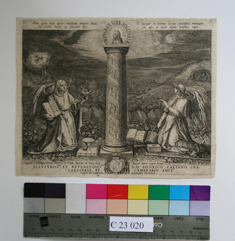 Raphael Sadeler I. (Rafael) | Vita contemp lativa 1598 | Displayed motifs: Angel, Person, Coat of arms, Clothing, Halo, Human face, Book, 