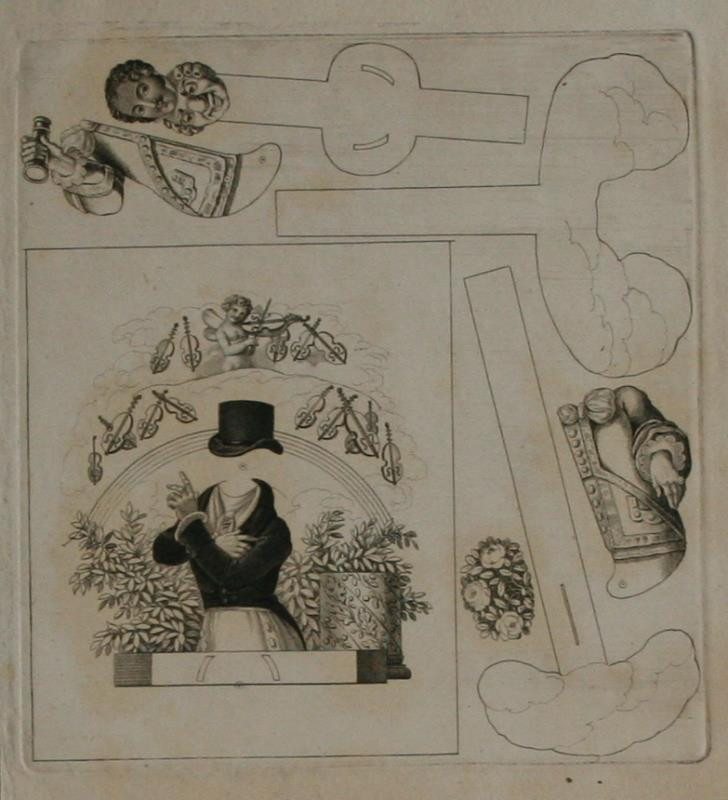 Josef Axmann | Pánská loutka ( dětská vystřihovánka ) | Displayed motifs: Coat of arms, Clothing, Skull, Person, Hat, Putto, Human face, 