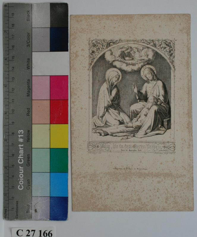 Joseph Leudner | Smrt sv. Josefa | Displayed motifs: White dove, Halo, Person, Coat of arms, Veil, Clothing, 